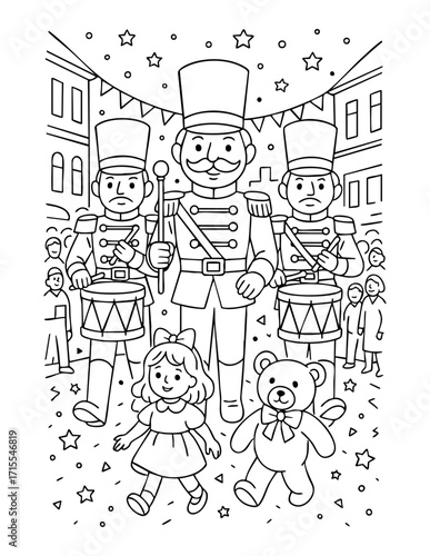 christmas coloring page nutcracker parade marching soldiers girl teddy bear festive holiday outline illustration