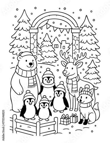 black and white christmas coloring page featuring a bear reindeer fox and penguins in winter forest wearing scarves and hats with gifts snow and decorated arch festive holiday illustration