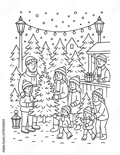 black and white christmas coloring page showing a happy family choosing a christmas tree at a festive holiday market with snow lanterns and decorations outline drawing