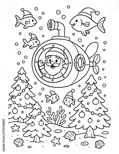 black and white christmas coloring page showing santa claus inside a submarine underwater with decorated christmas trees festive fish wearing santa hats seashells corals and bubbles