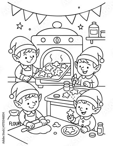 black and white christmas coloring page with elves baking cookies in a festive kitchen scene rolling dough decorating biscuits and taking them out of the oven outline drawing