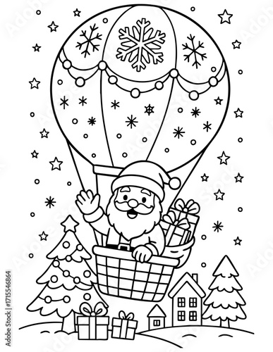 black and white christmas coloring page featuring santa claus waving from a hot air balloon decorated with snowflakes carrying gifts flying over christmas trees houses and presents