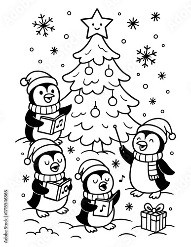 black and white christmas coloring page featuring four penguins in santa hats singing carols near a decorated christmas tree with ornaments and a smiling star topper