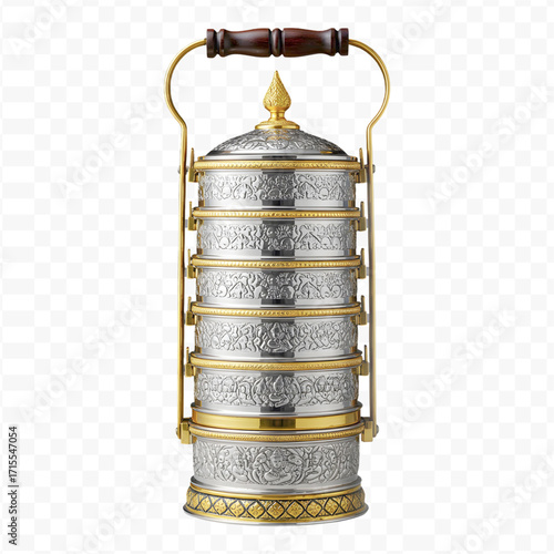 Ornate Thai Silver and Gold Tiffin Carrier with Embossed Details