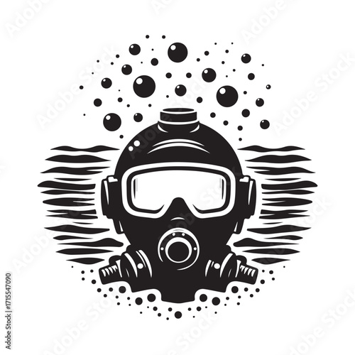 diving helmet on the ocean floor with bubbles vector silhouette outline logo design concept illustration