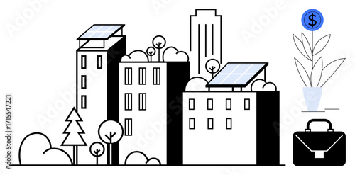 Solar-paneled buildings surrounded by trees, city skyline, plant in pot with blue coin above, briefcase. Ideal for sustainability, green energy, eco-friendly city planning, renewable resources