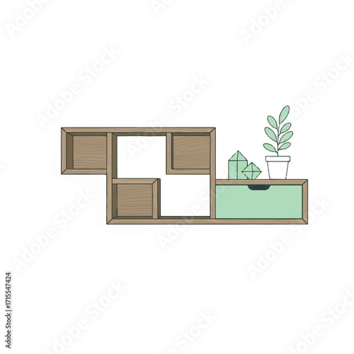 Flat lay illustration of a modern kitchen interior with green cabinetry, a potted plant, and kitchenware on a white background.