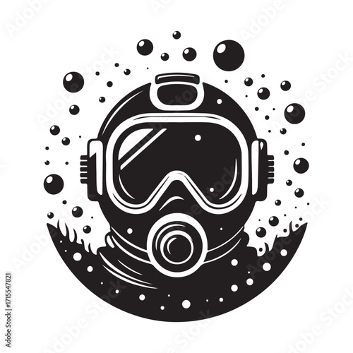 diving helmet on the ocean floor with bubbles vector silhouette outline logo design concept illustration