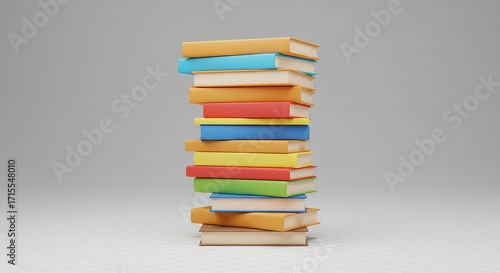 A tall stack of colorful books, arranged vertically, with various hues visible on the spines.