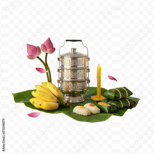 Thai Traditional Alms Offering Set with Lotus and Desserts