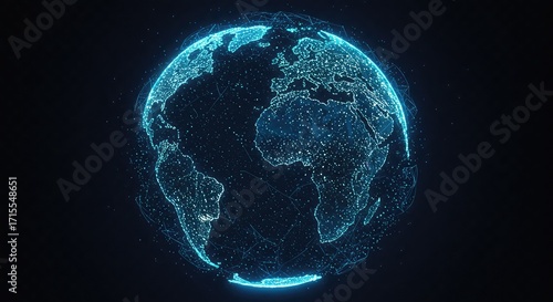 A glowing digital Earth hologram with interconnected dots and lines, representing global technology and communication.
