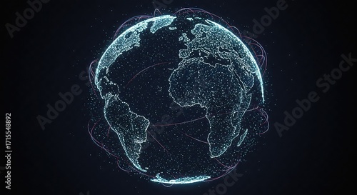Digital representation of the Earth, showcasing global networks and data connections, with a dark background.