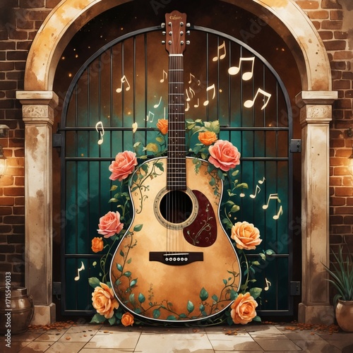 Acoustic Guitar with Roses and Musical Notes Vintage Illustration