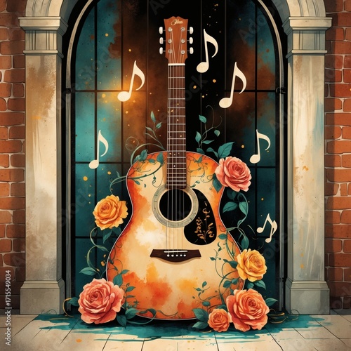Acoustic Guitar with Roses and Musical Notes Vintage Illustration