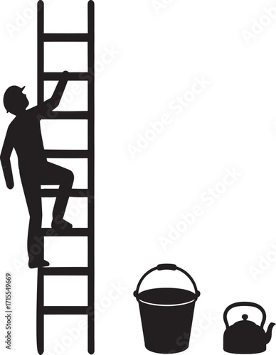 A black silhouette of a person ascending a ladder. A bucket and a tea kettle are visible on the white background