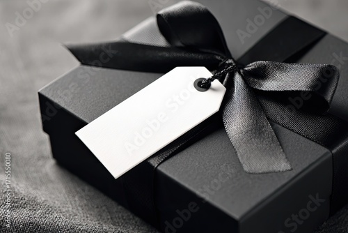 Black gift box with ribbon and tag