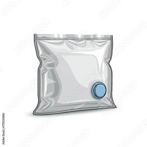Illustration of a sealed silver resealable pouch with a blue circle on a white background.