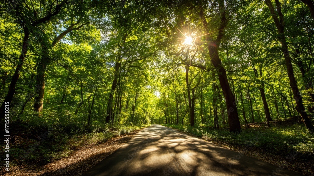 Fototapeta premium Sunlight streaming through a canopy of green trees illuminates a winding road through a tranquil forest on a bright and sunny day outdoors.