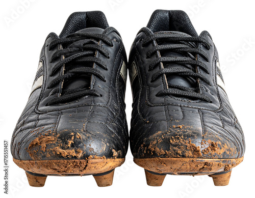   Muddy Black Soccer Cleats Front Angled View Isolated on White PNG