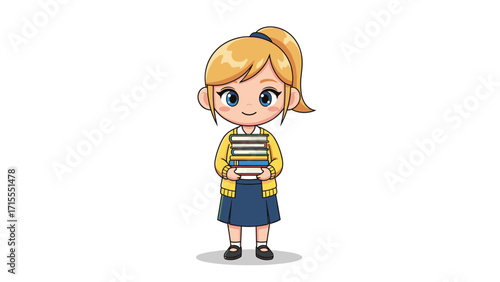 Cartoon Girl in Yellow Sweater Studying in Library, Achieving Academic Success with Colorful Books and Diligent Ambition