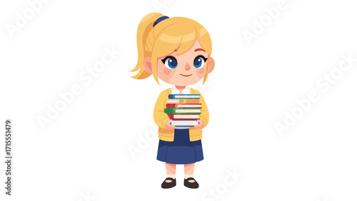 Ambitious Cartoon Girl in Yellow Sweater Achieves Success with Colorful Books in School Library Environment