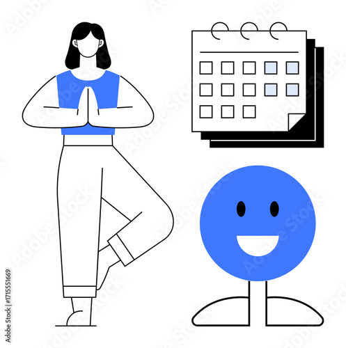 Woman in tree pose, calendar for scheduling, happy face for positivity. Ideal for wellness, mindfulness, productivity, time management, mental health fitness work-life balance. Simple flat metaphor