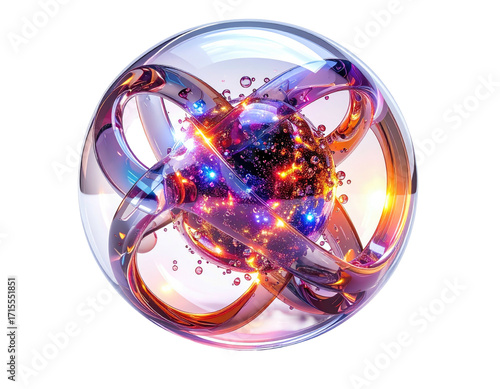 Abstract sphere, vibrant colors, intricate design, energy, contained within a crystal-like orb