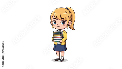 Ambitious Cartoon Girl in Yellow Sweater Carrying Colorful Books in School Uniform, Smiling at Library Achievement