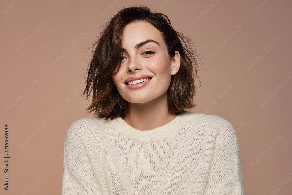 Fototapeta premium portrait of woman with bright smile set against clean pastel background
