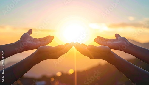 Silhouetted Hands Reaching for the Setting Sun Golden Light