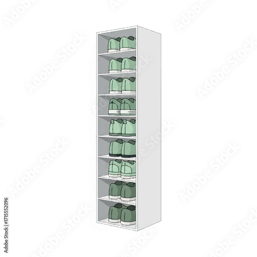 Tall white shelving unit filled with green plastic baskets on each shelf against a plain white background.