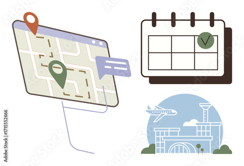Map with pinned locations, speech bubble, calendar with checkmark, and airport scene. Ideal for travel, organization, scheduling, logistics navigation trip planning vacation. Simple flat metaphor
