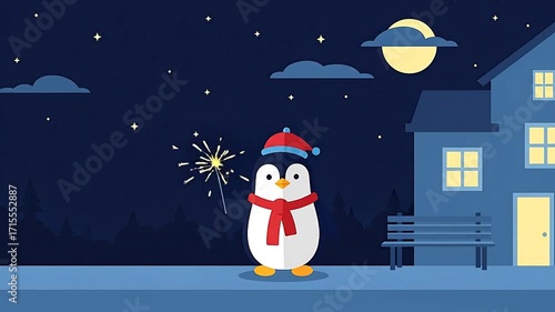 Festive Winter Night Scene with Charming Penguin Holding a Sparkler, Holiday Decorations, Snow-covered Landscape, Cozy House with Illuminated Windows, and a Large Bright Moon for Celebrations and