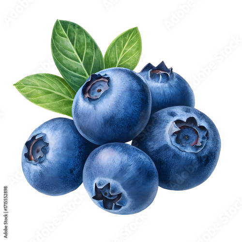 Juicy blueberries with green leaves cluster isolated on transparent background