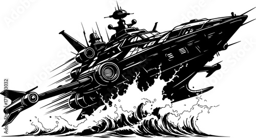 Futuristic warship glides through dynamic ocean waves, commanding power and advanced technology
