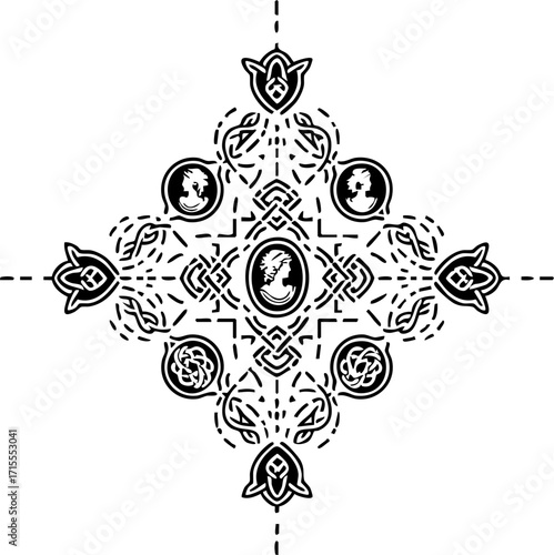 Elegant ornamental design with intricate floral and profile motifs, perfect for sophisticated branding and decor