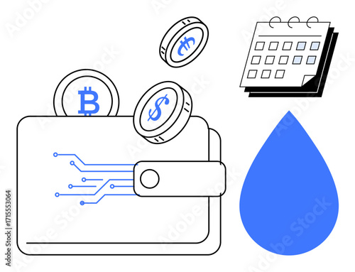 Digital wallet with a circuit board design, cryptocurrencies Bitcoin, dollar, calendar, and droplet. Ideal for technology, blockchain, finance, planning sustainability savings eco-conscious