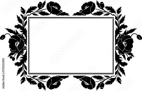 Elegant floral border frames your message with delicate poppy blossoms and lush foliage creating a timeless artistic flourish