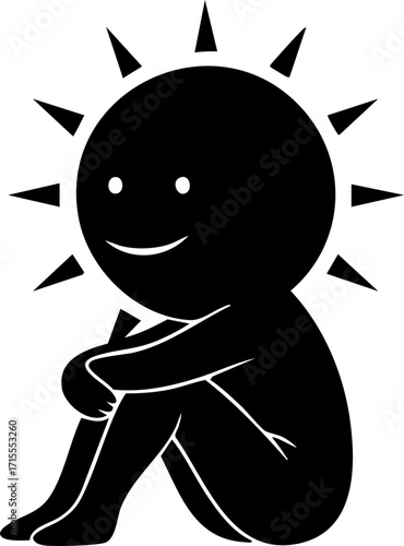 Joyful stick figure person with sun halo radiates happiness and inner peace, embodying positivity and bright outlook.