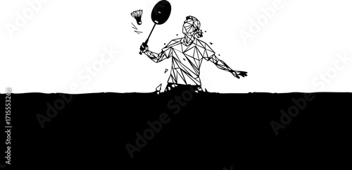 Dynamic badminton player striking shuttlecock with powerful racquet swing in stylized abstract art