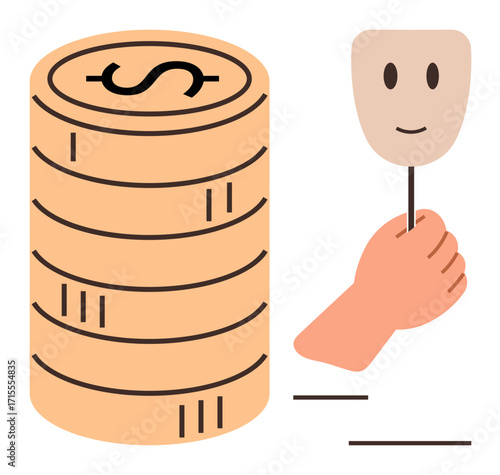 Stack of coins adjacent to hand holding smiling mask highlights financial dishonesty, hidden intentions, or double-sided dealings. Ideal for finance, psychology, investment, ethics, economy, fraud