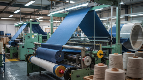 A textile factory with machinery weaving blue fabric, showcasing industrial production and manufacturing process textile
