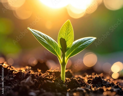 Small Sprout Emerging from Dark Soil Against Glowing Sunset Background
