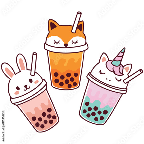 Adorable animal-themed bubble tea cups with bunny, fox, and unicorn faces. Sweet kawaii drinks illustration for playful lifestyle design.