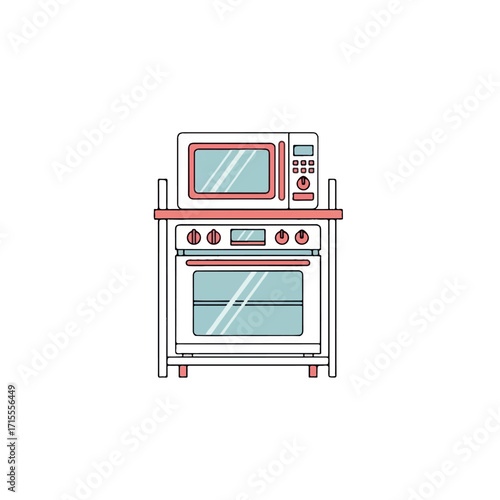 Illustration of a child's play kitchen with oven and microwave on a white background in a flat style with red and blue accents.