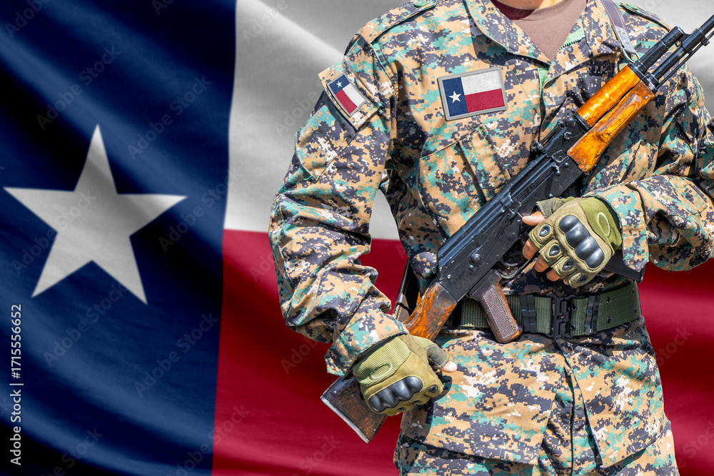 Fototapeta premium Texas US state flag with soldier at machinegun turret