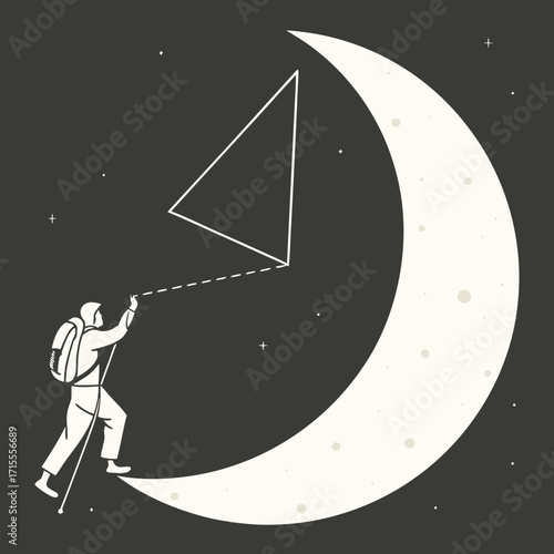 A lone adventurer climbs the crescent moon in the night sky using a stick to draw a triangle constellation among the stars