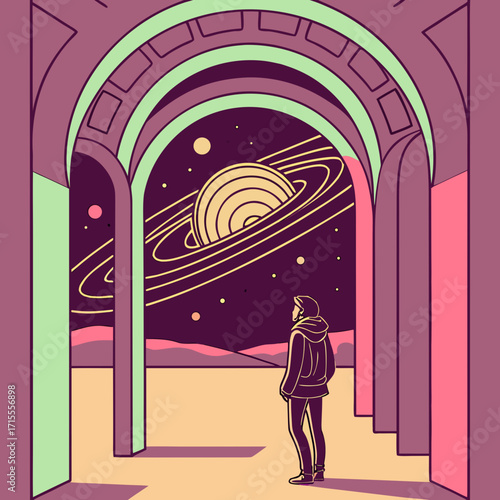 A lone figure stands in an arched doorway gazing out at a surreal cosmic landscape featuring a ringed planet and distant stars