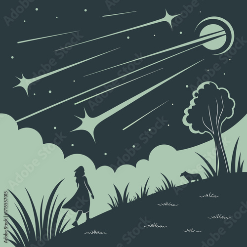 A lone woman and her dog gaze up at a spectacular meteor shower under a starry night sky with a large moon