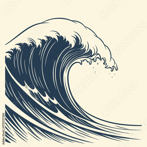 A powerful stylized dark blue wave cresting and breaking with white foam against a light cream background in a classic woodblock print style